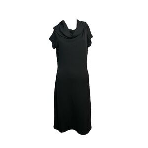 Josie Natori Short Black Dress Cap Sleeves Cowl Neckline Stretch Asymmetrical M